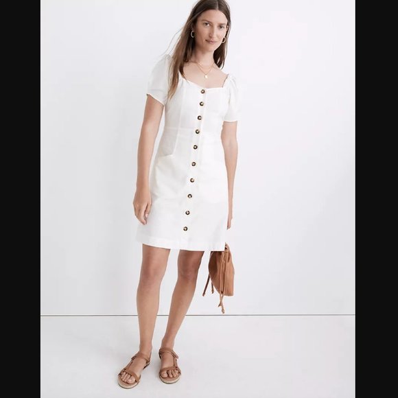 ✨NEW✨  Madewell Linen Cotton Puff-Sleeve Button-Front Retro Shift Dress - Picture 3 of 10
